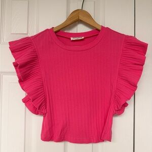 💗 Mittoshop Hot Pink Ribbed Knit Ruffle Sleeve Cropped Top Women’s Med Boutique
